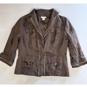 Ann Taylor Brown‎ Linen Blend Jacket Blazer Womens Medium 3/4 Sleeve